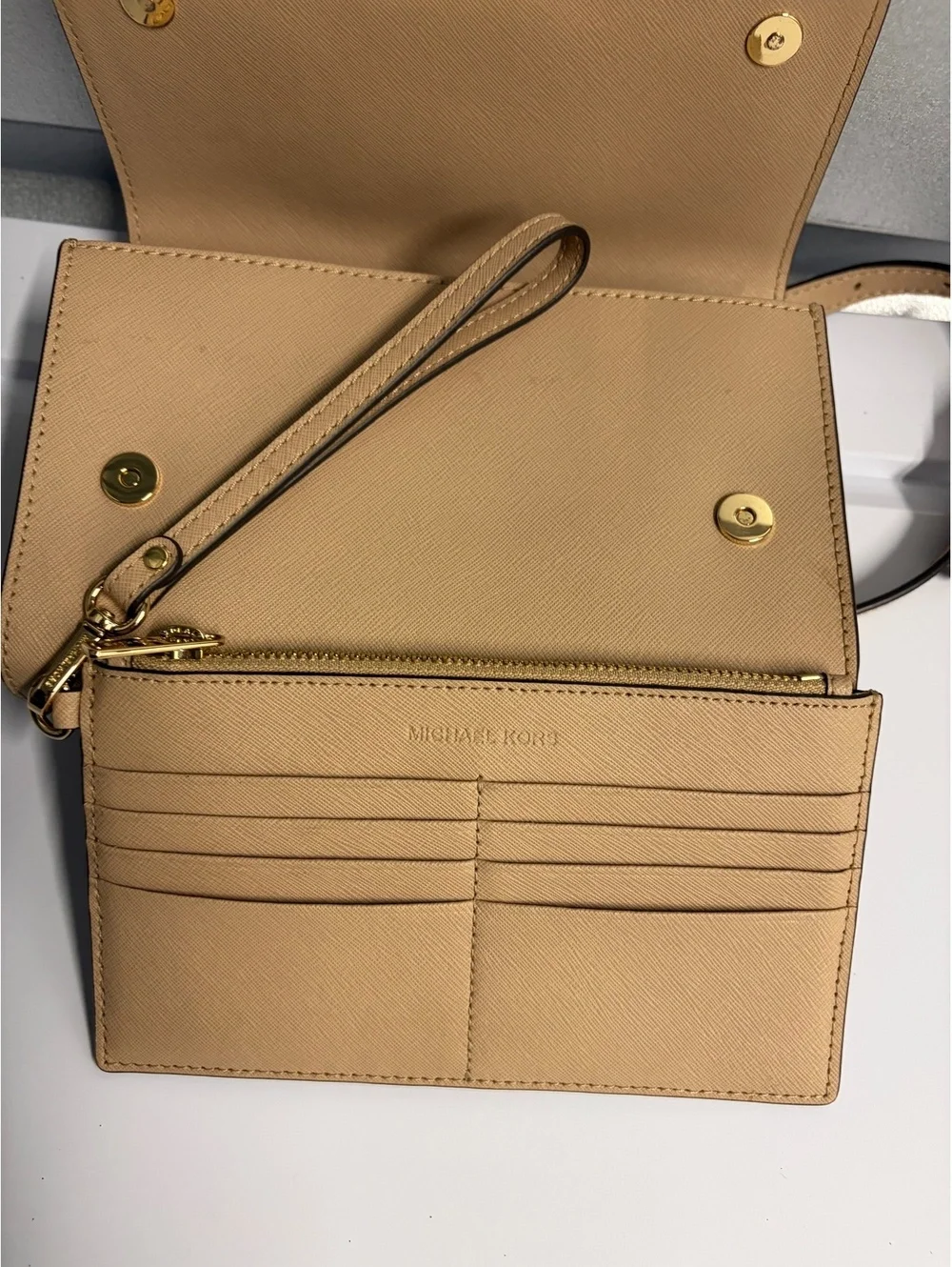Michael Kors Beige Leather Crossbody Bag with Gold Chain Strap
